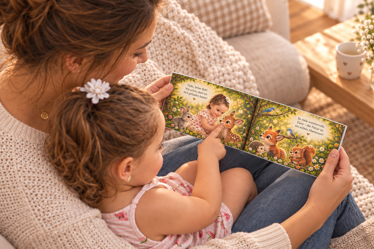Mama und Kind lesen gemeinsam ein liebevoll illustriertes Tierbuch – ByMoms4Moms