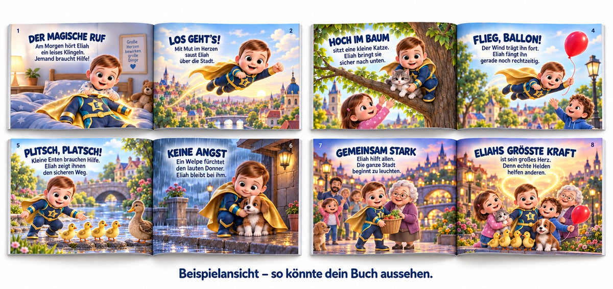 Beispielseiten eines personalisierten Superheldenbuchs
