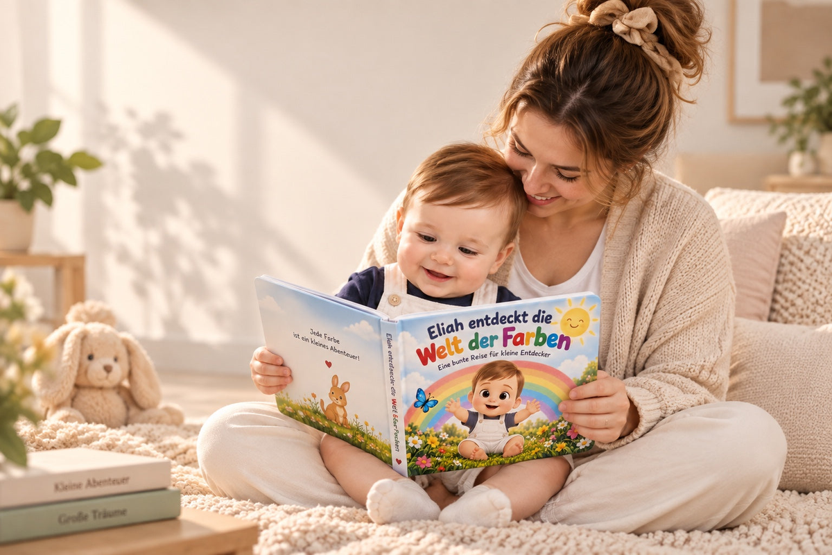 Mama und Kind lesen gemeinsam das personalisierte Kinderbuch Eliah entdeckt die Welt der Farben